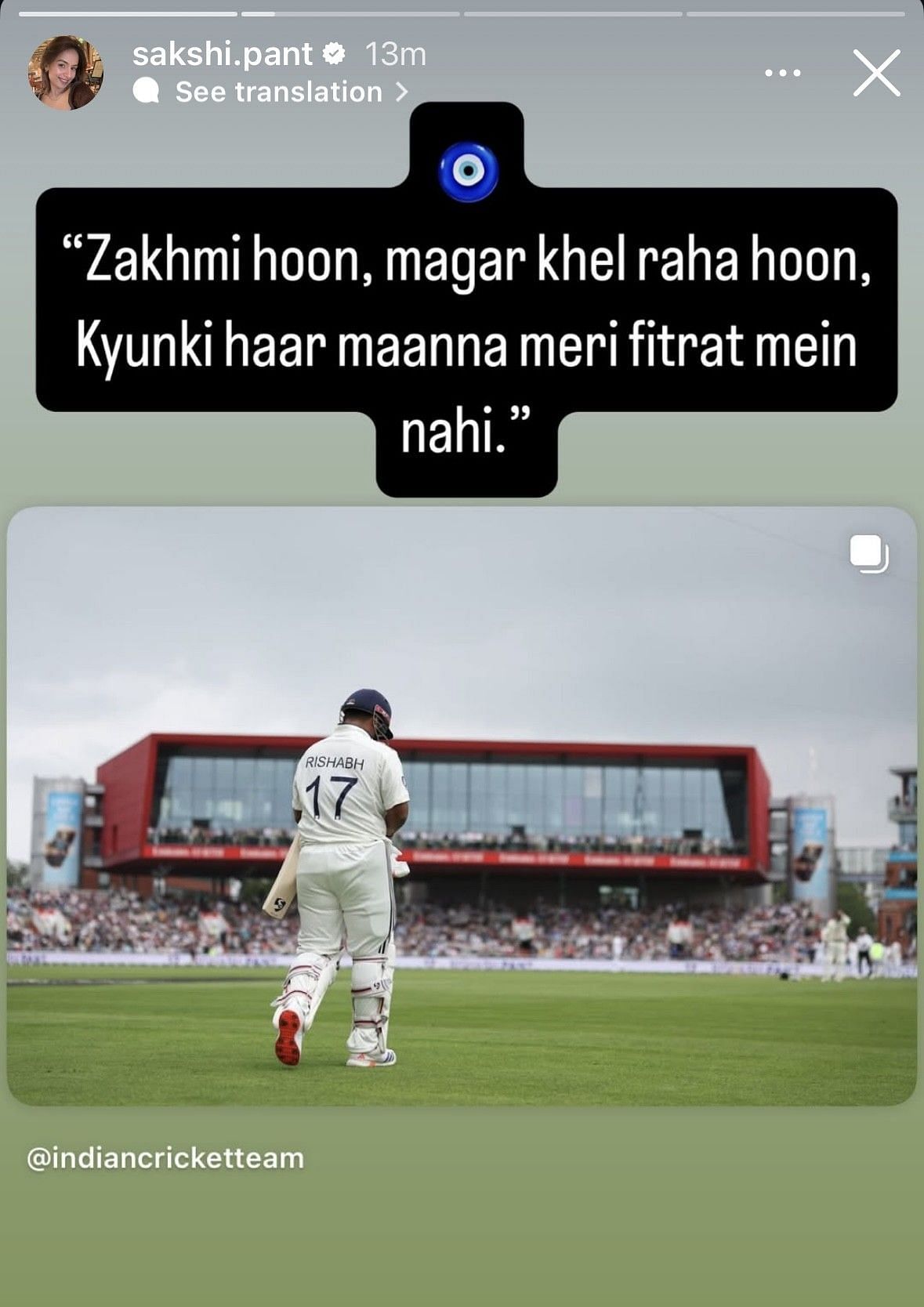 Rishabh Pant's sister hails batter for brave fifty (Image via Instagram-@sakshi.pant)